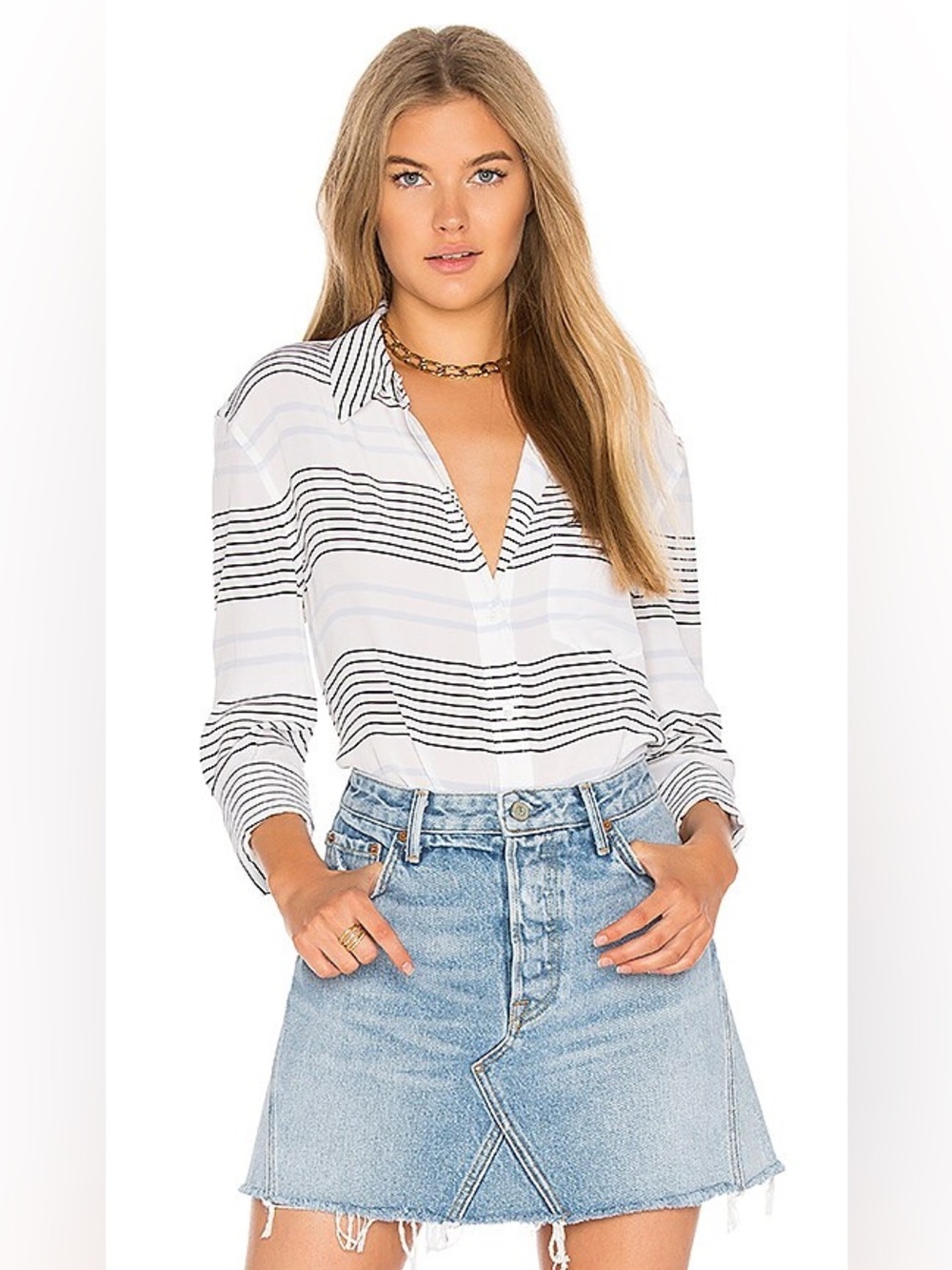 Equipment Femme Reese Striped Silk Button Up Bright White Brisk Blue XS